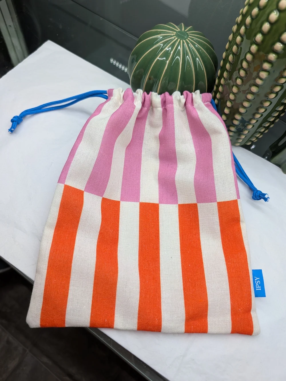 Ipsy Striped Pink, Orange &White Cotton Drawstring Bag
